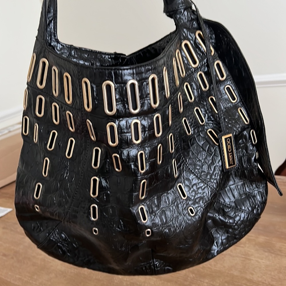 Jimmy Choo Dessy Grommet Handbag Black Calfskin Leather Shoulder Bag